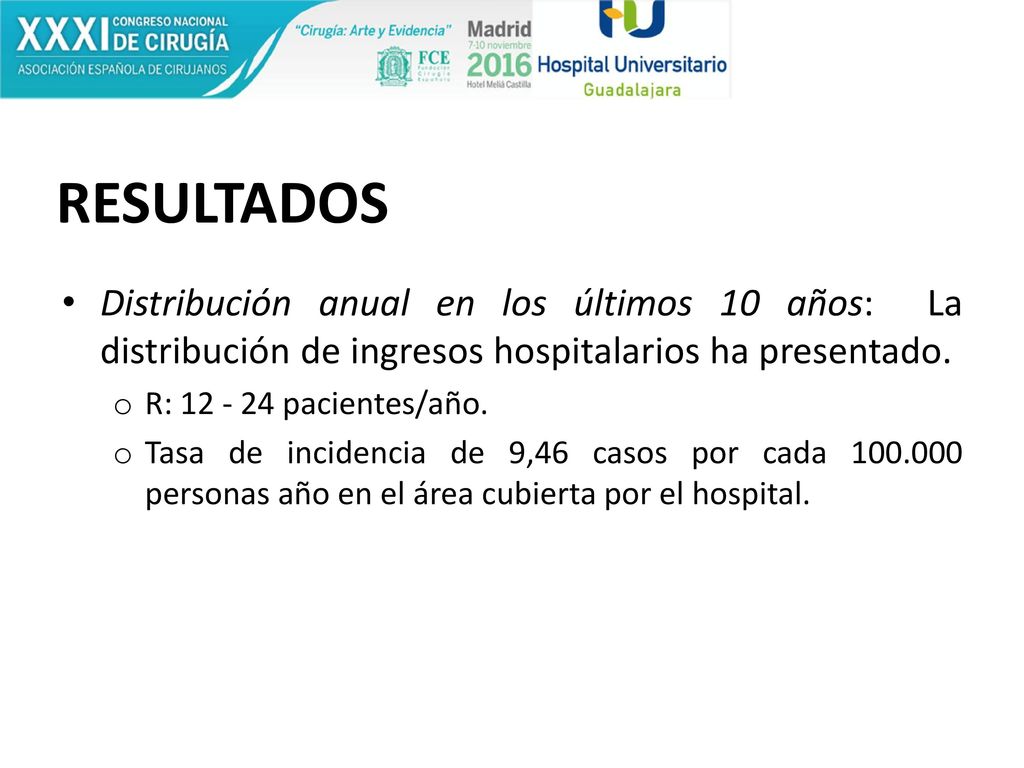 RESULTADOS Distribución anual en los últimos 10 años: La distribución de ingresos hospitalarios ha presentado.