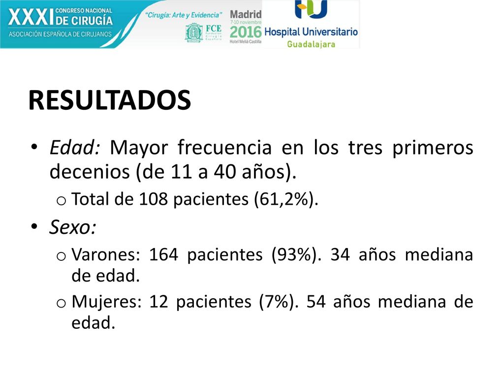 RESULTADOS Edad: Mayor frecuencia en los tres primeros decenios (de 11 a 40 años). Total de 108 pacientes (61,2%).