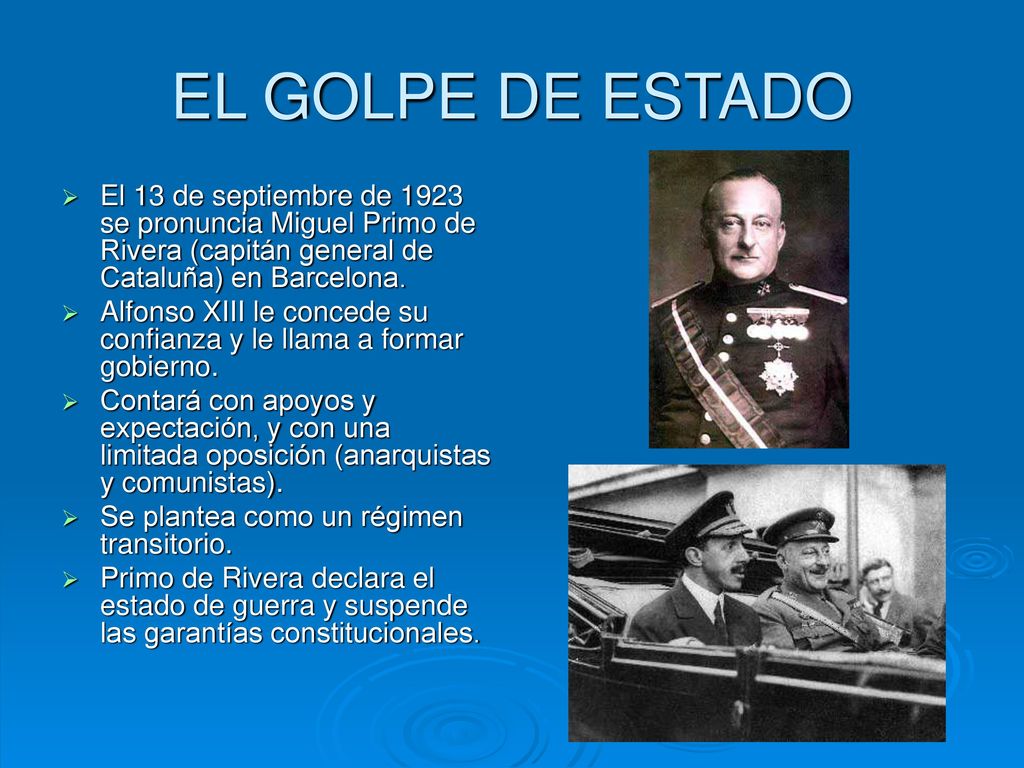 EL GOLPE DE ESTADO El 13 de septiembre de 1923 se pronuncia Miguel Primo de Rivera (capitán general de Cataluña) en Barcelona.
