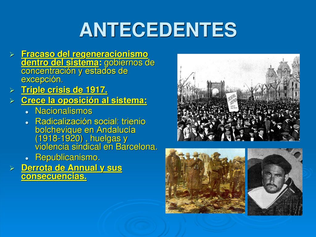 ANTECEDENTES Fracaso del regeneracionismo dentro del sistema: gobiernos de concentración y estados de excepción.