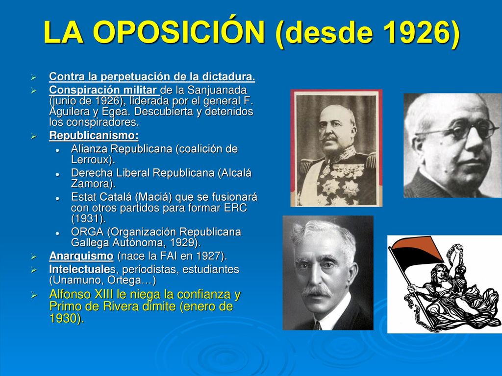 LA OPOSICIÓN (desde 1926) Contra la perpetuación de la dictadura.