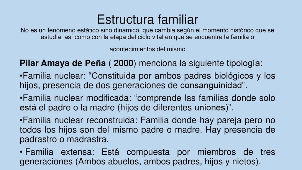 Estructura familiar No es un fenómeno estático sino dinámico, que cambia según el momento histórico que se estudia, así como con la etapa del ciclo vital en que se encuentre la familia o acontecimientos del mismo