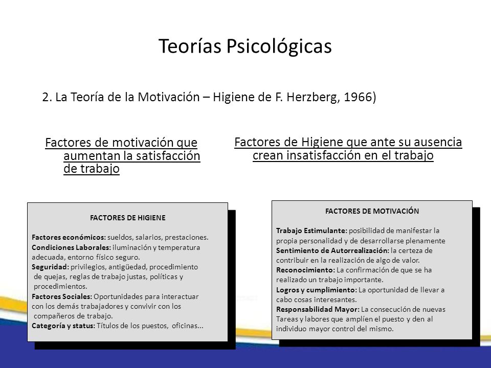 Teorías Psicológicas 2. La Teoría de la Motivación – Higiene de F. Herzberg, 1966) Factores de motivación que aumentan la satisfacción de trabajo.