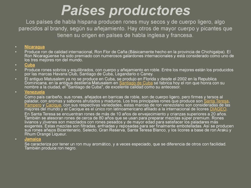 Países productores Los países de habla hispana producen rones muy secos y de cuerpo ligero, algo parecidos al brandy, según su añejamiento. Hay otros de mayor cuerpo y picantes que tienen su origen en países de habla inglesa y francesa.