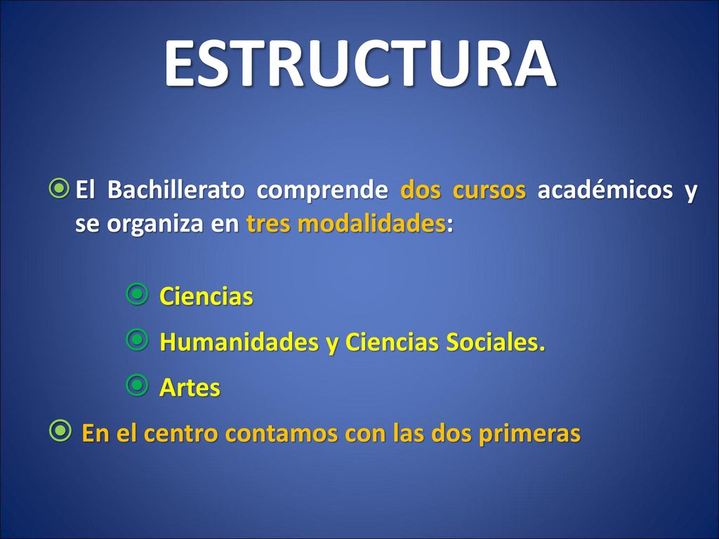 ESTRUCTURA El Bachillerato comprende dos cursos académicos y se organiza en tres modalidades: Ciencias.