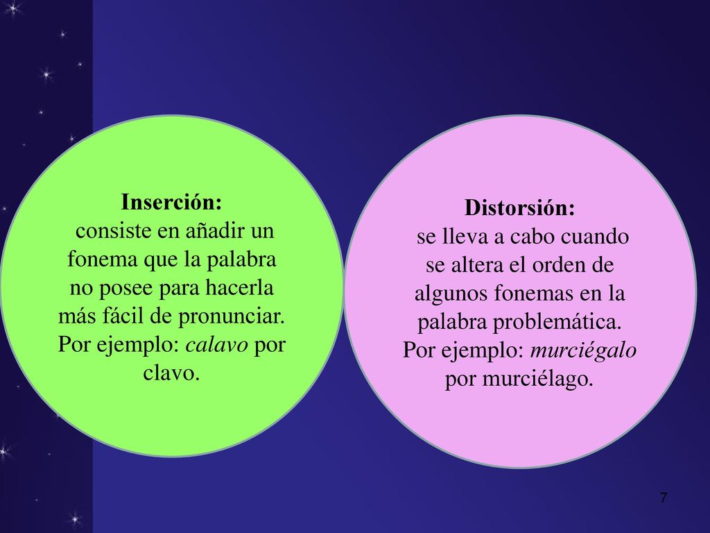 Inserción: consiste en añadir un fonema que la palabra no posee para hacerla más fácil de pronunciar. Por ejemplo: calavo por clavo.