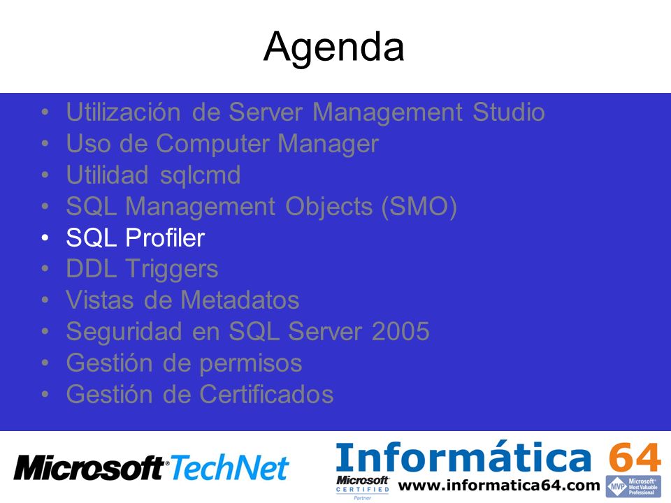 Agenda Utilización de Server Management Studio Uso de Computer Manager