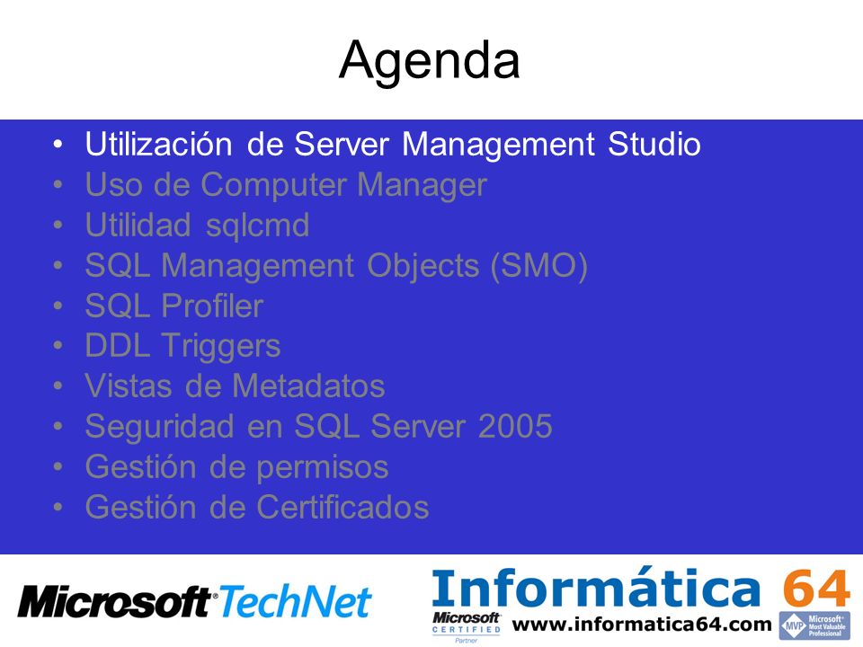 Agenda Utilización de Server Management Studio Uso de Computer Manager