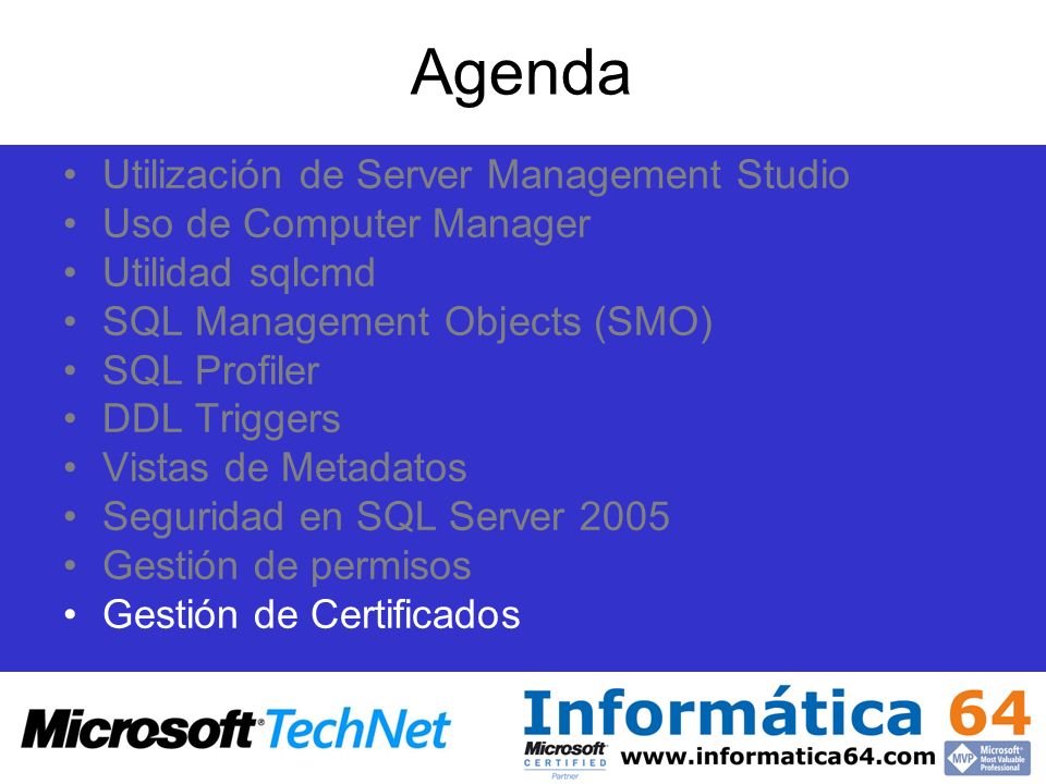 Agenda Utilización de Server Management Studio Uso de Computer Manager