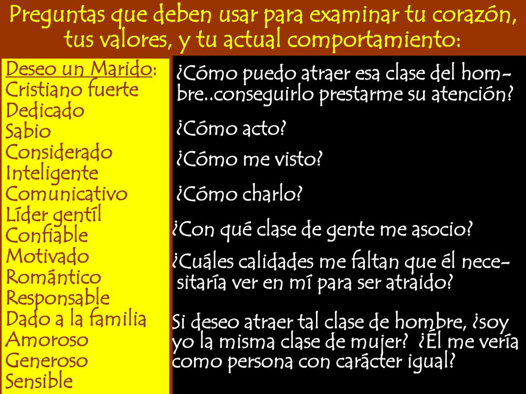 Preguntas que deben usar para examinar tu corazón, tus valores, y tu actual comportamiento: