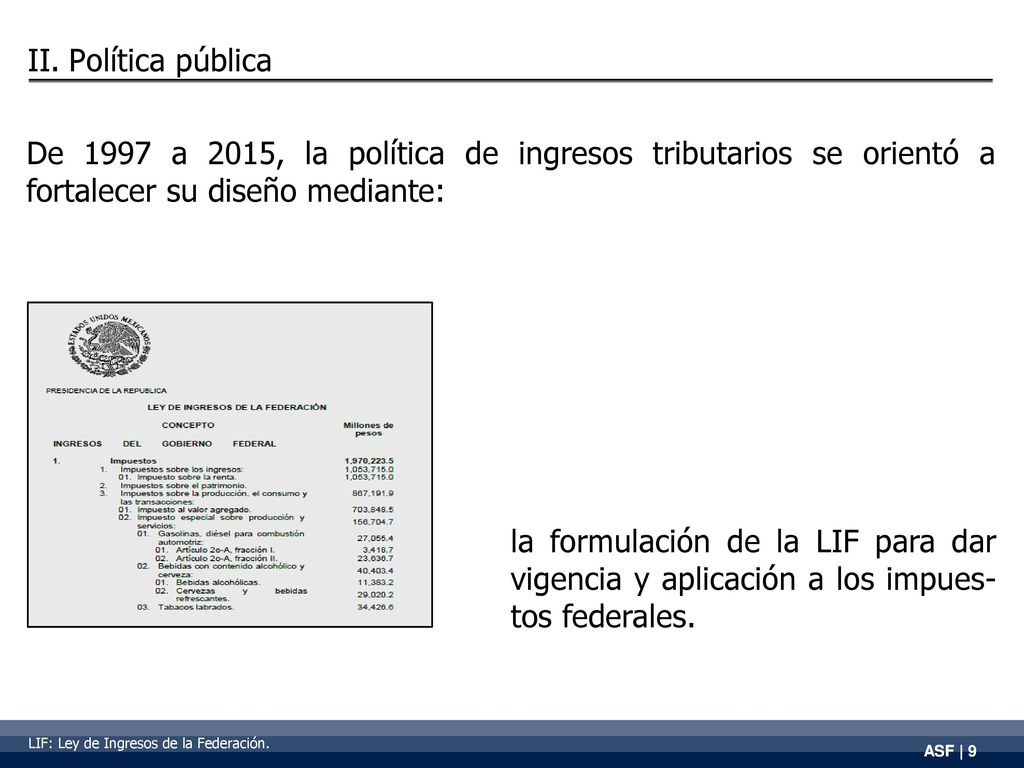 II. Política pública De 1997 a 2015, la política de ingresos tributarios se orientó a fortalecer su diseño mediante: