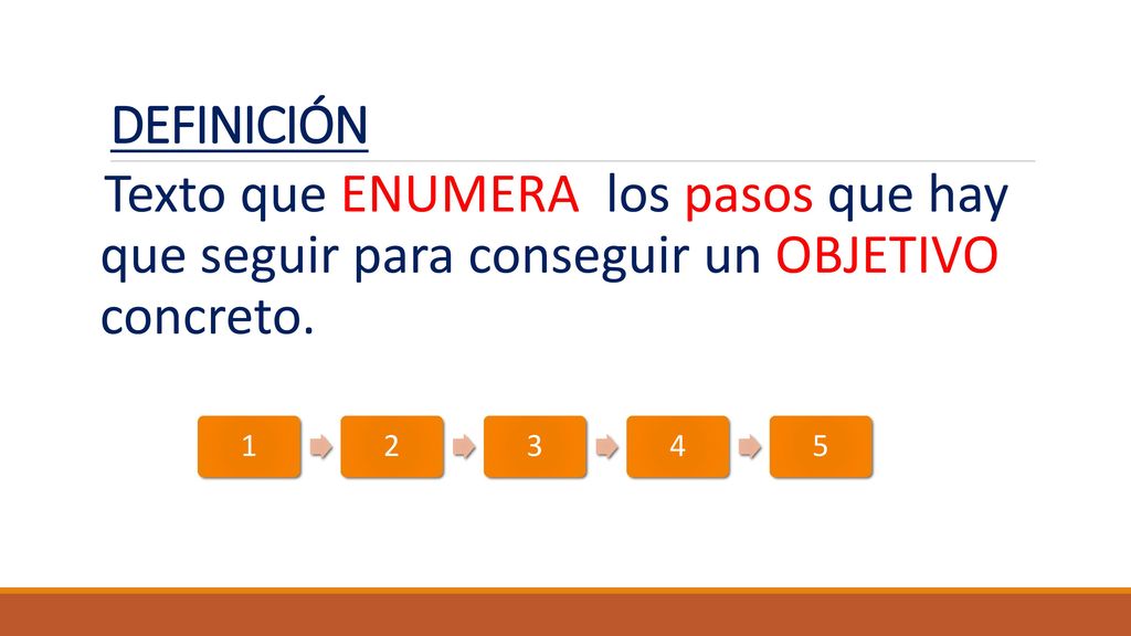 DEFINICIÓN Texto que ENUMERA los pasos que hay que seguir para conseguir un OBJETIVO concreto.