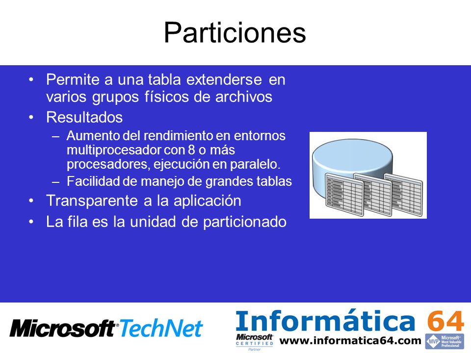 Particiones Permite a una tabla extenderse en varios grupos físicos de archivos. Resultados.