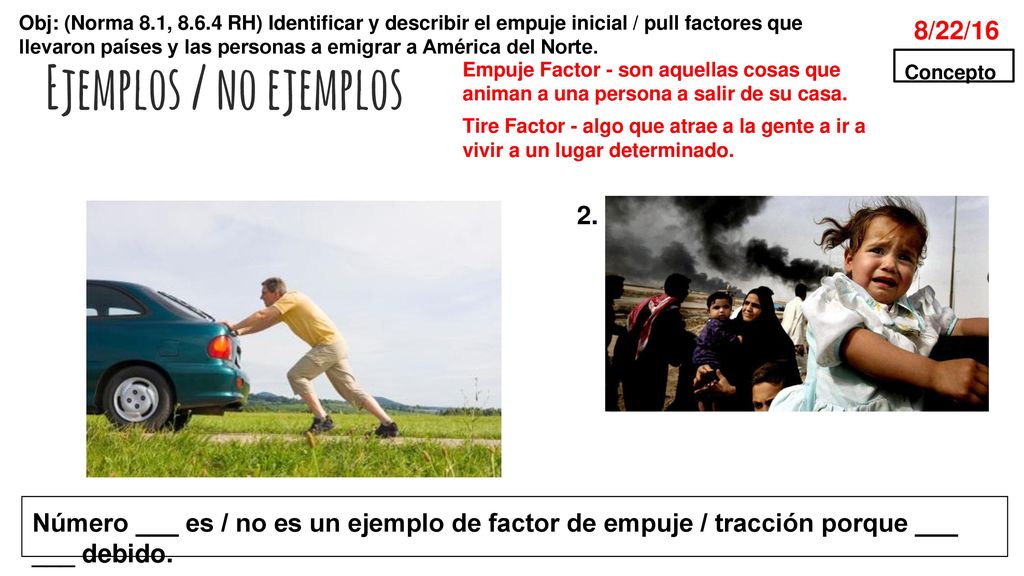Ejemplos / no ejemplos Empuje Factor - son aquellas cosas que animan a una persona a salir de su casa.