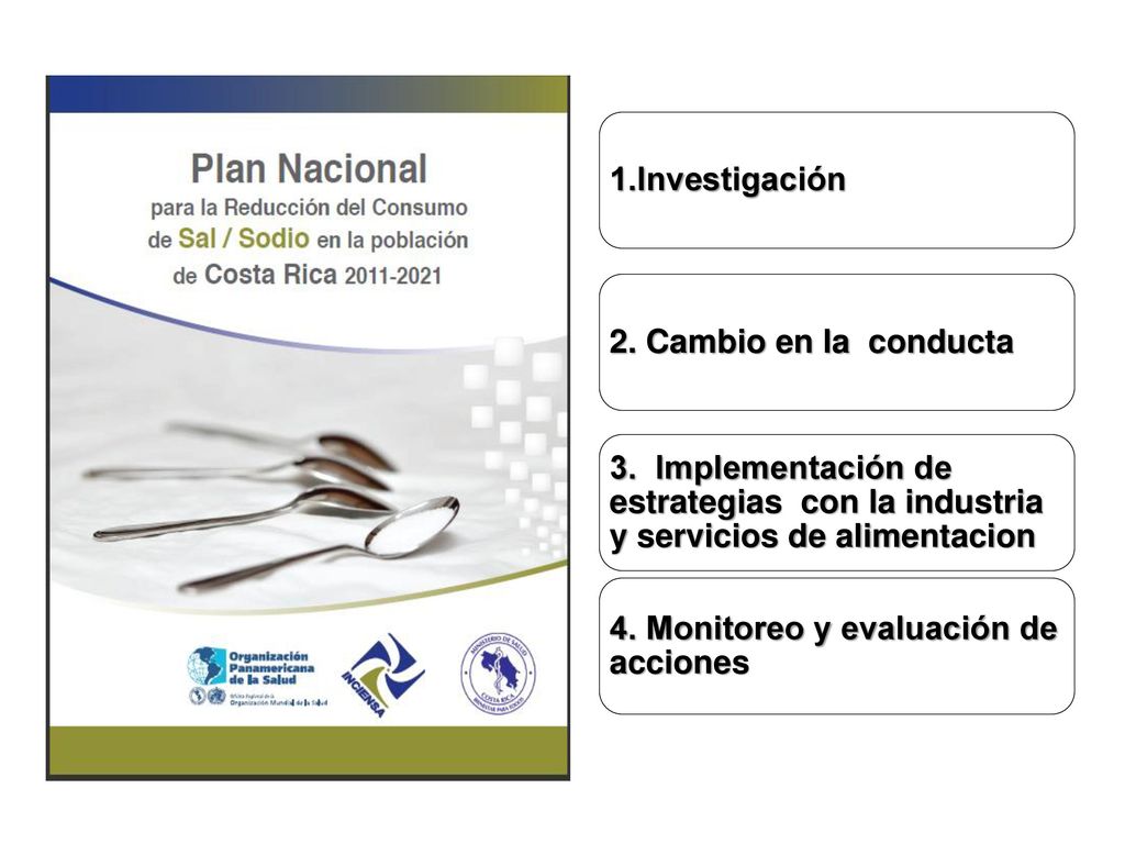 1.Investigación 2. Cambio en la conducta. 3. Implementación de estrategias con la industria y servicios de alimentacion.