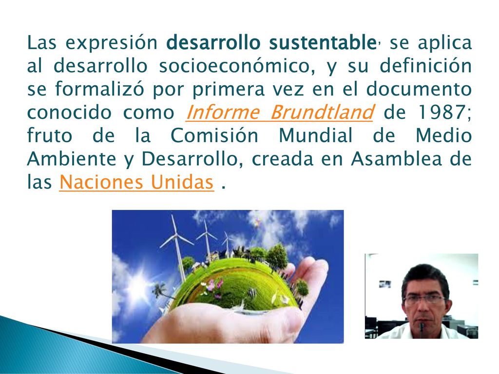 Las expresión desarrollo sustentable, se aplica al desarrollo socioeconómico, y su definición se formalizó por primera vez en el documento conocido como Informe Brundtland de 1987; fruto de la Comisión Mundial de Medio Ambiente y Desarrollo, creada en Asamblea de las Naciones Unidas .