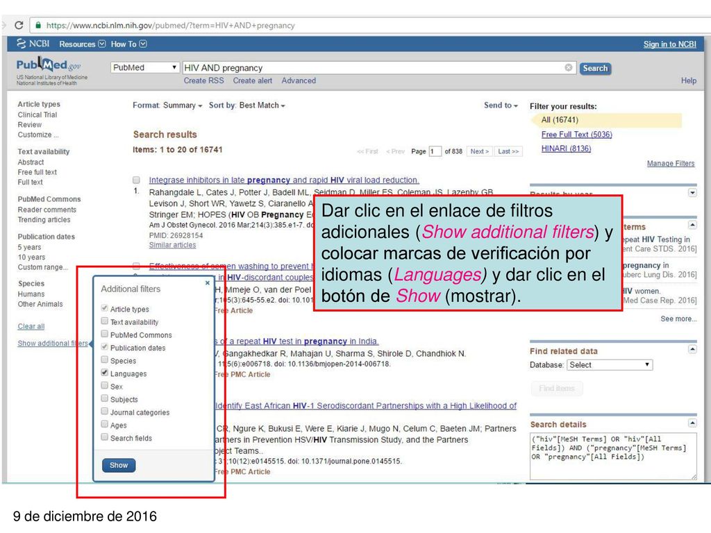 Dar clic en el enlace de filtros adicionales (Show additional filters) y colocar marcas de verificación por idiomas (Languages) y dar clic en el botón de Show (mostrar).