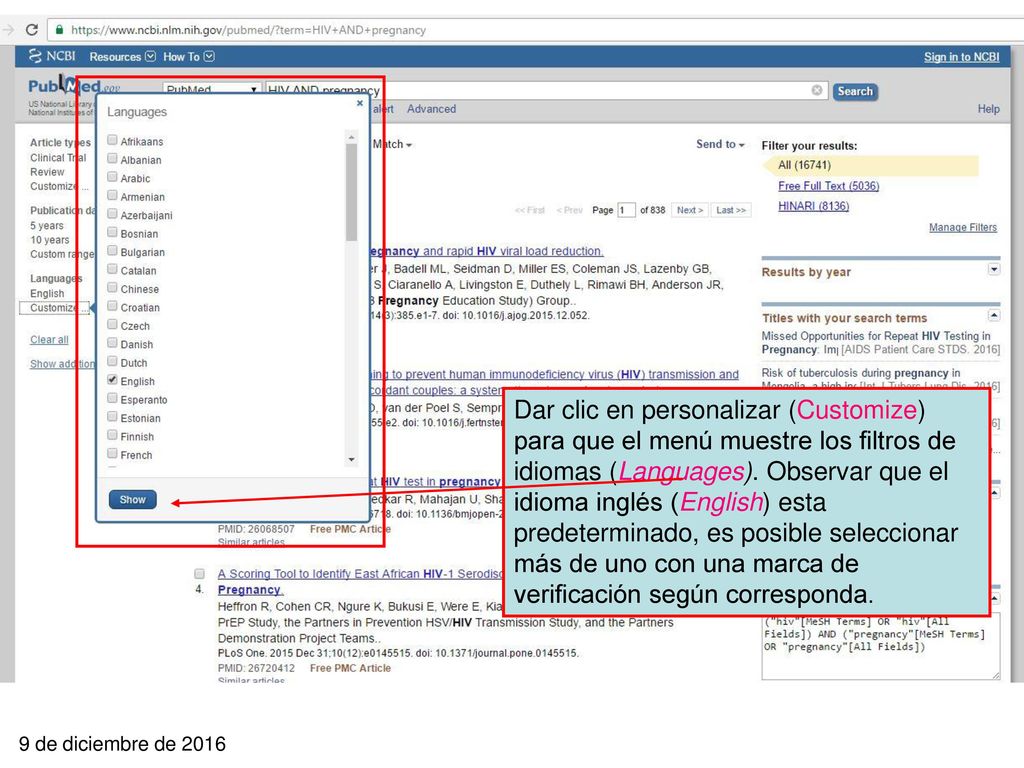 Dar clic en personalizar (Customize) para que el menú muestre los filtros de idiomas (Languages). Observar que el idioma inglés (English) esta predeterminado, es posible seleccionar más de uno con una marca de verificación según corresponda.