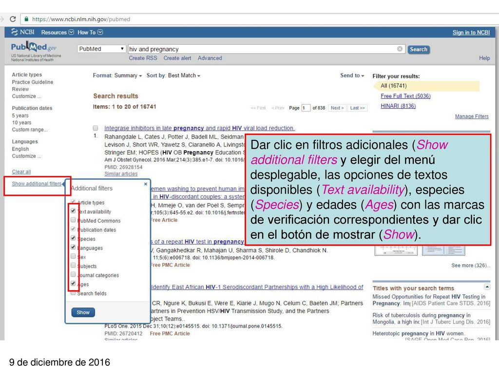 Dar clic en filtros adicionales (Show additional filters y elegir del menú desplegable, las opciones de textos disponibles (Text availability), especies (Species) y edades (Ages) con las marcas de verificación correspondientes y dar clic en el botón de mostrar (Show).