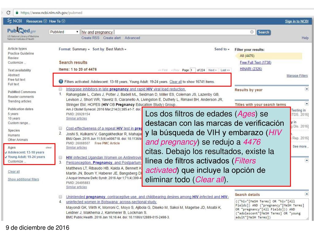 Los dos filtros de edades (Ages) se destacan con las marcas de verificación y la búsqueda de VIH y embarazo (HIV and pregnancy) se redujo a 4476 citas. Debajo los resultados, existe la línea de filtros activados (Filters activated) que incluye la opción de eliminar todo (Clear all).