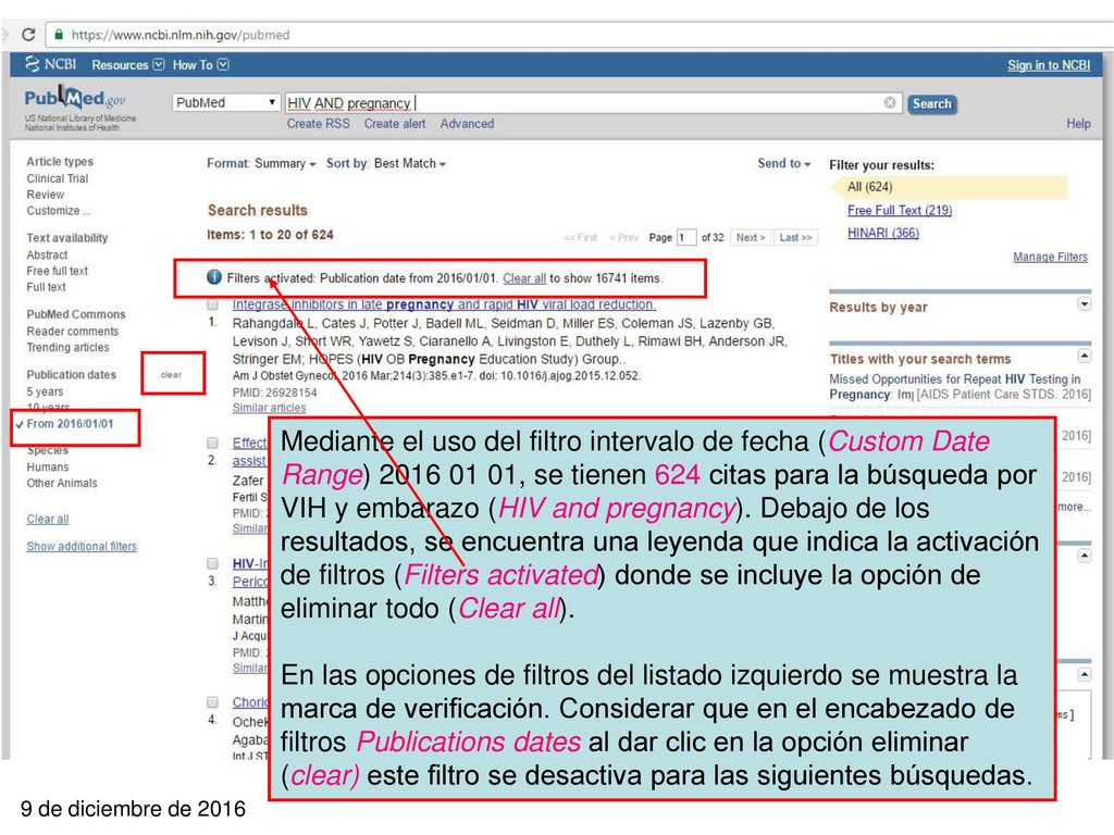 Mediante el uso del filtro intervalo de fecha (Custom Date Range) , se tienen 624 citas para la búsqueda por VIH y embarazo (HIV and pregnancy). Debajo de los resultados, se encuentra una leyenda que indica la activación de filtros (Filters activated) donde se incluye la opción de eliminar todo (Clear all).