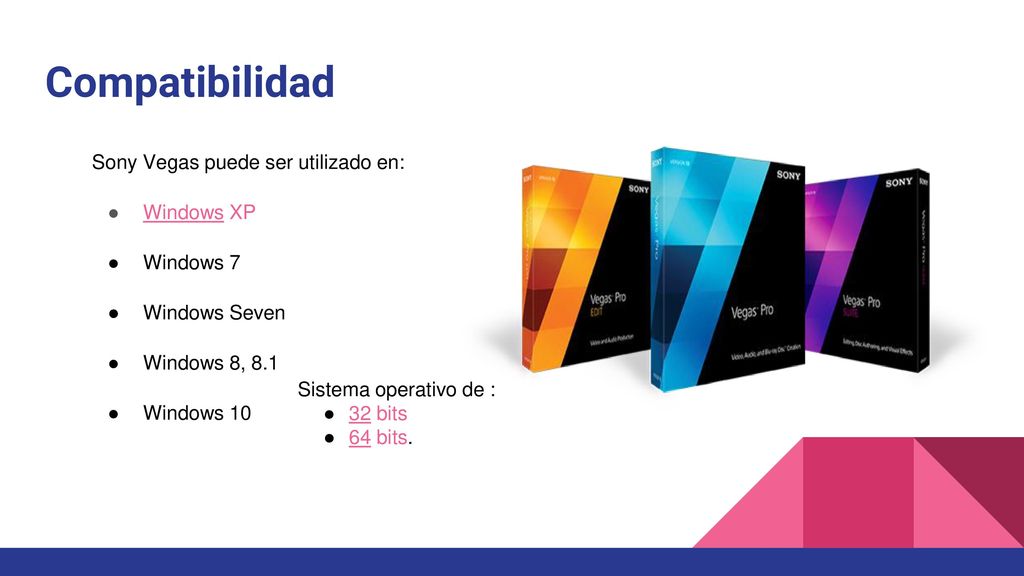 Compatibilidad Sony Vegas puede ser utilizado en: Windows XP Windows 7