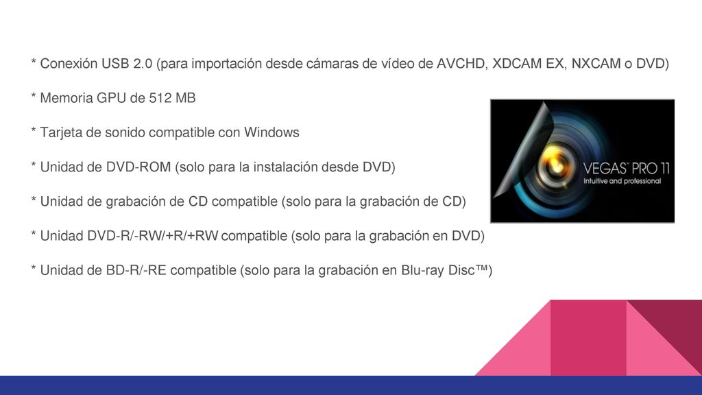 * Conexión USB 2.0 (para importación desde cámaras de vídeo de AVCHD, XDCAM EX, NXCAM o DVD)