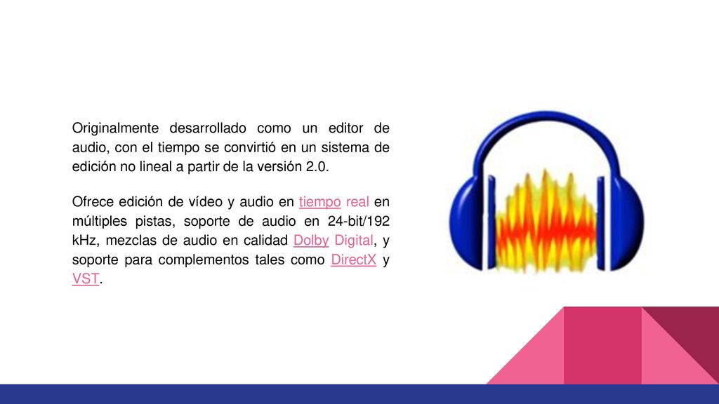 Originalmente desarrollado como un editor de audio, con el tiempo se convirtió en un sistema de edición no lineal a partir de la versión 2.0.