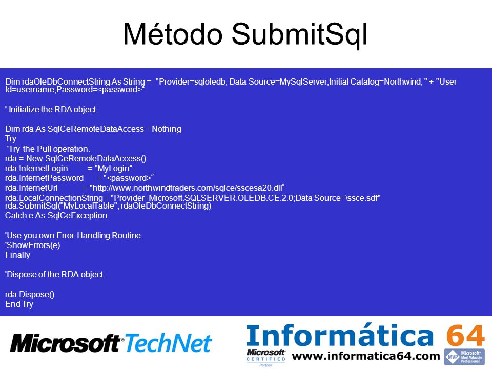 Método SubmitSql Connection string to the instance of SQL Server