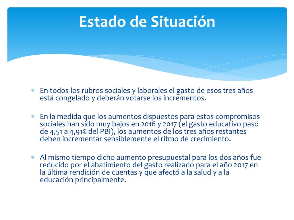 Estado de Situación En todos los rubros sociales y laborales el gasto de esos tres años está congelado y deberán votarse los incrementos.
