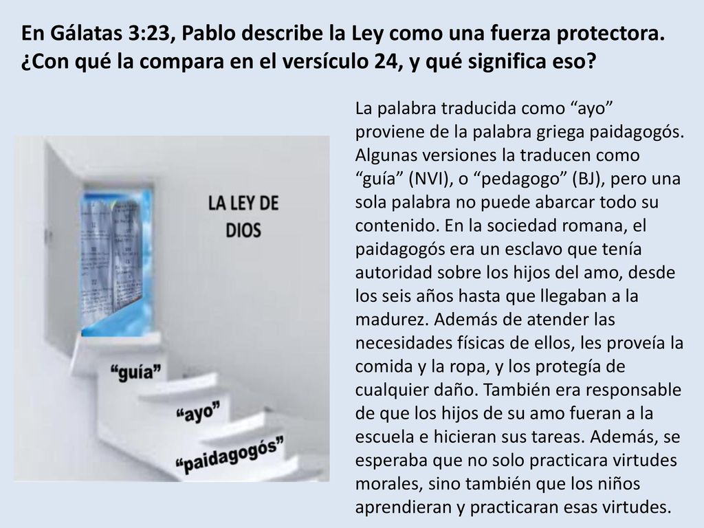 En Gálatas 3:23, Pablo describe la Ley como una fuerza protectora