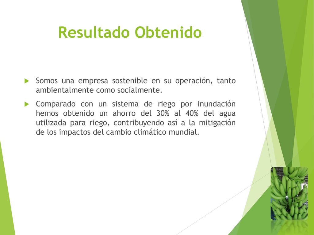Resultado Obtenido Somos una empresa sostenible en su operación, tanto ambientalmente como socialmente.