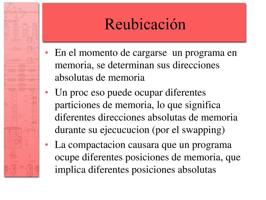 Reubicación En el momento de cargarse un programa en memoria, se determinan sus direcciones absolutas de memoria.