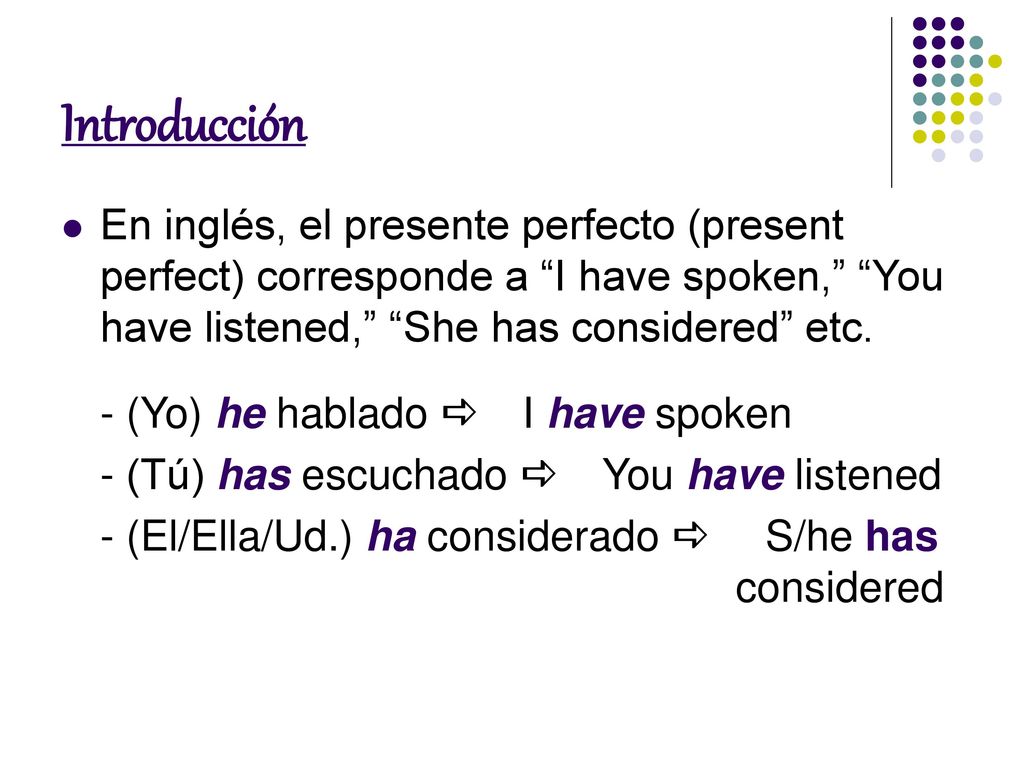 Introducción En inglés, el presente perfecto (present perfect) corresponde a I have spoken, You have listened, She has considered etc.