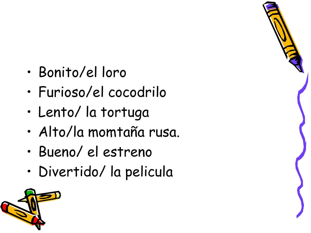 Bonito/el loro Furioso/el cocodrilo. Lento/ la tortuga. Alto/la momtaña rusa. Bueno/ el estreno.