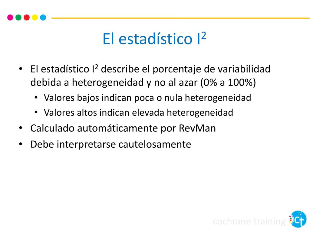 El estadístico I2 El estadístico I2 describe el porcentaje de variabilidad debida a heterogeneidad y no al azar (0% a 100%)