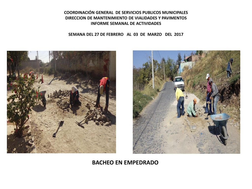 COORDINACIÓN GENERAL DE SERVICIOS PUBLICOS MUNICIPALES DIRECCION DE MANTENIMIENTO DE VIALIDADES Y PAVIMENTOS INFORME SEMANAL DE ACTIVIDADES SEMANA DEL 27 DE FEBRERO AL 03 DE MARZO DEL 2017
