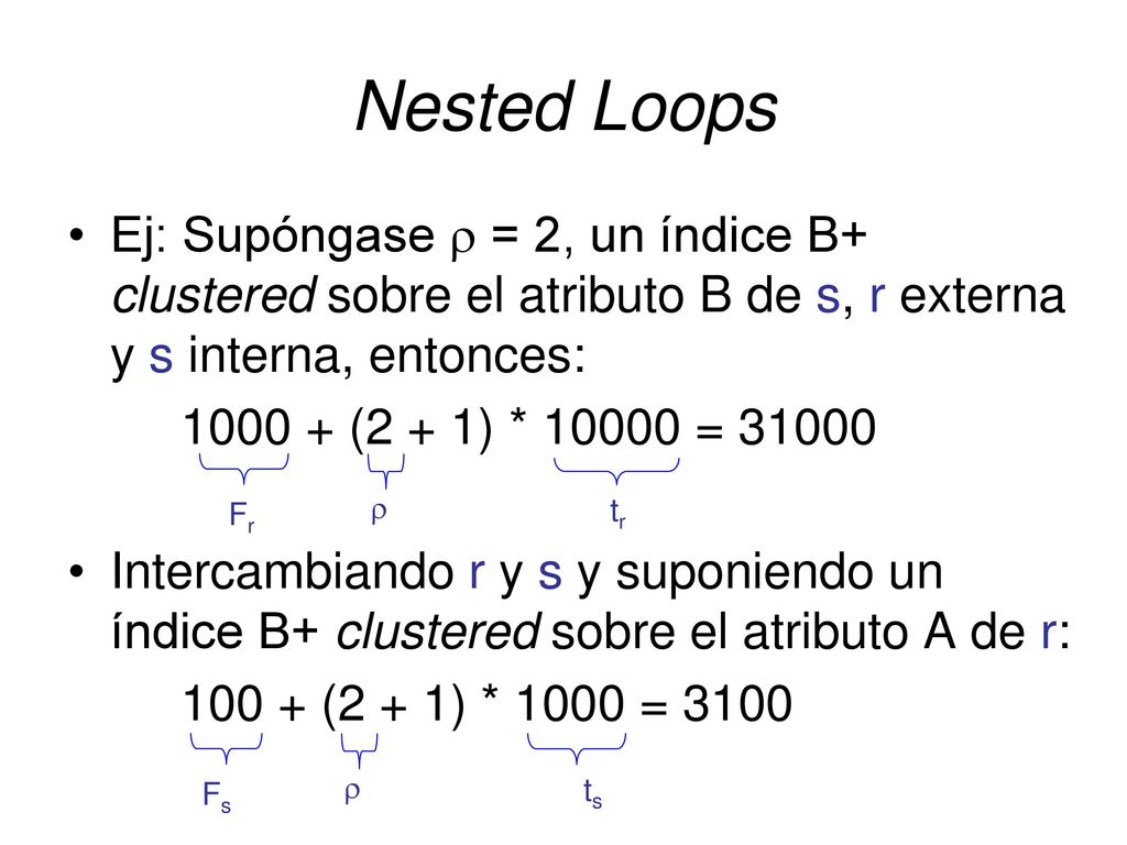 Nested Loops Ej: Supóngase  = 2, un índice B+ clustered sobre el atributo B de s, r externa y s interna, entonces:
