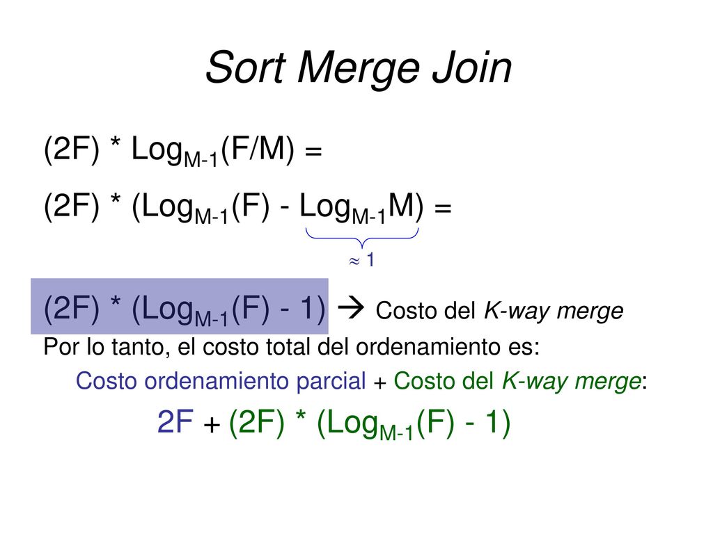 Sort Merge Join (2F) * LogM-1(F/M) = (2F) * (LogM-1(F) - LogM-1M) =