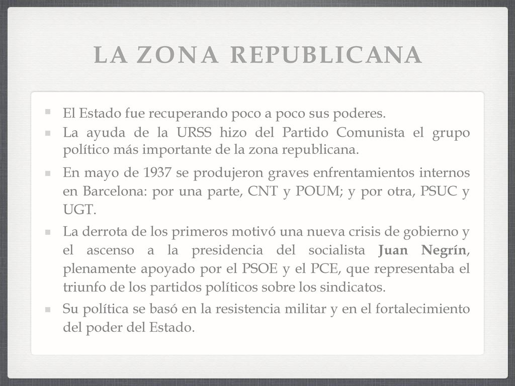 LA ZONA REPUBLICANA El Estado fue recuperando poco a poco sus poderes.