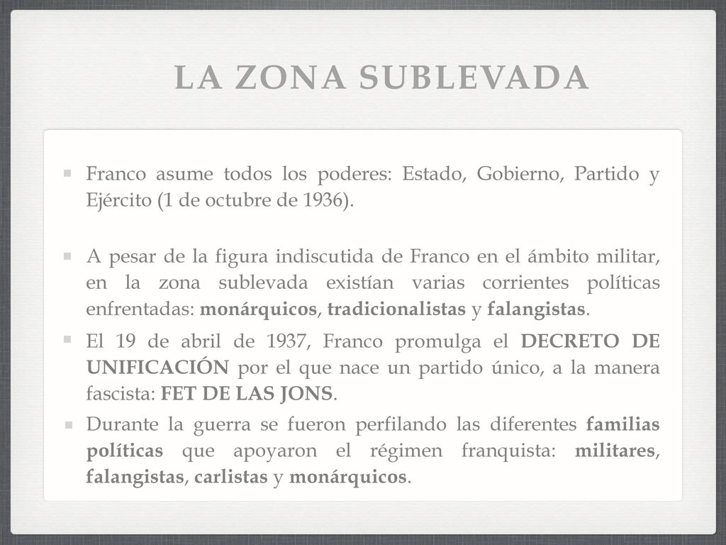 LA ZONA SUBLEVADA Franco asume todos los poderes: Estado, Gobierno, Partido y Ejército (1 de octubre de 1936).