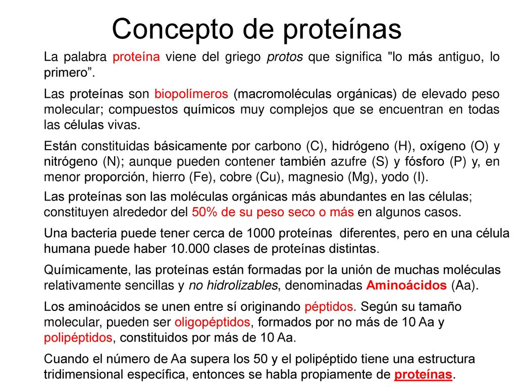 Concepto de proteínas La palabra proteína viene del griego protos que significa lo más antiguo, lo primero .