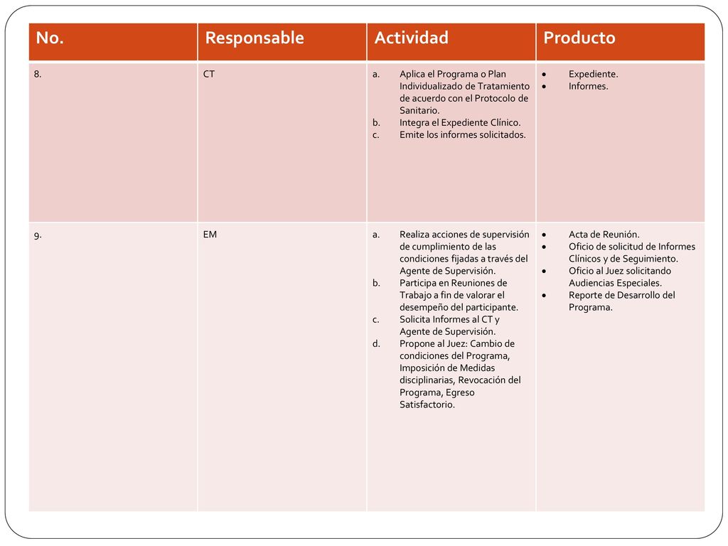 No. Responsable Actividad Producto 8. CT