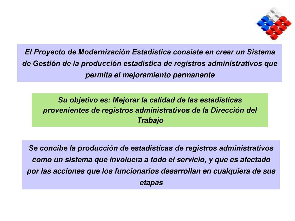 El Proyecto de Modernización Estadística consiste en crear un Sistema de Gestión de la producción estadística de registros administrativos que permita el mejoramiento permanente