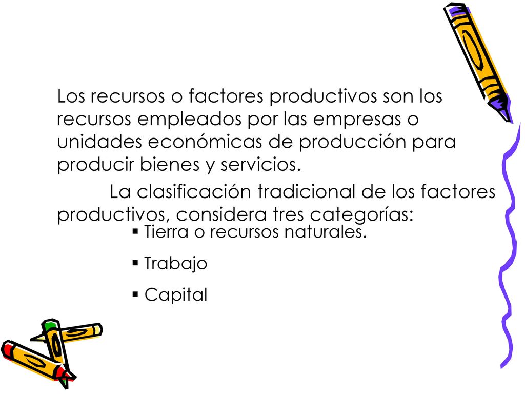 Los recursos o factores productivos son los recursos empleados por las empresas o unidades económicas de producción para producir bienes y servicios.
