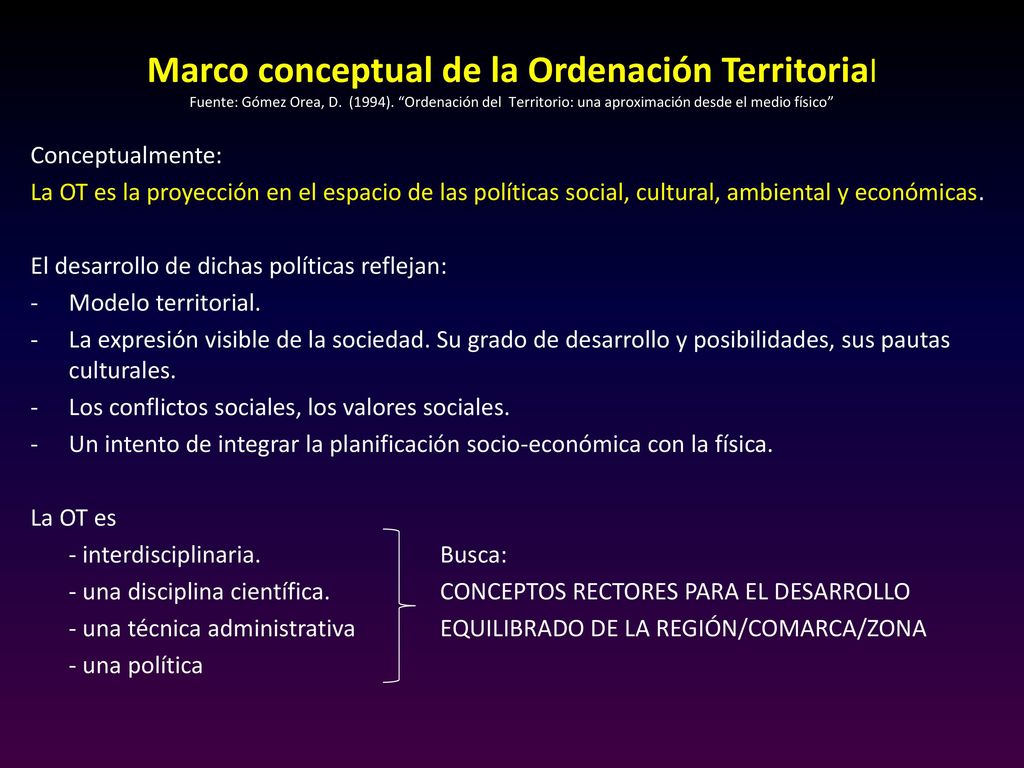 Marco conceptual de la Ordenación Territorial Fuente: Gómez Orea, D