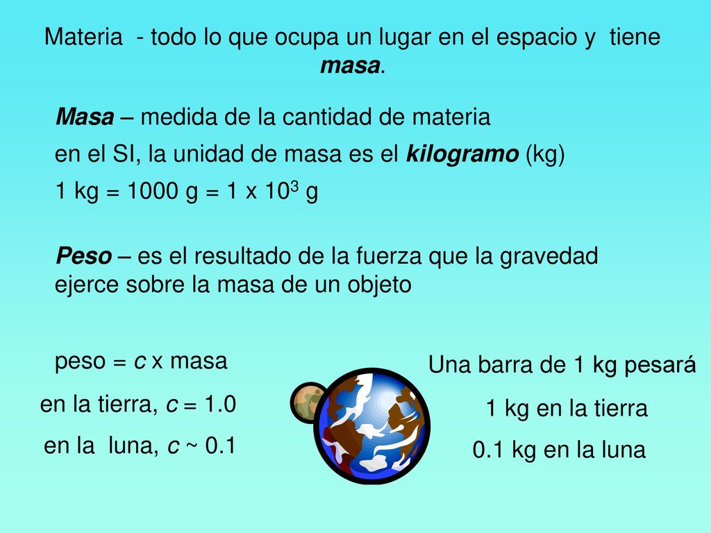 Materia - todo lo que ocupa un lugar en el espacio y tiene masa.