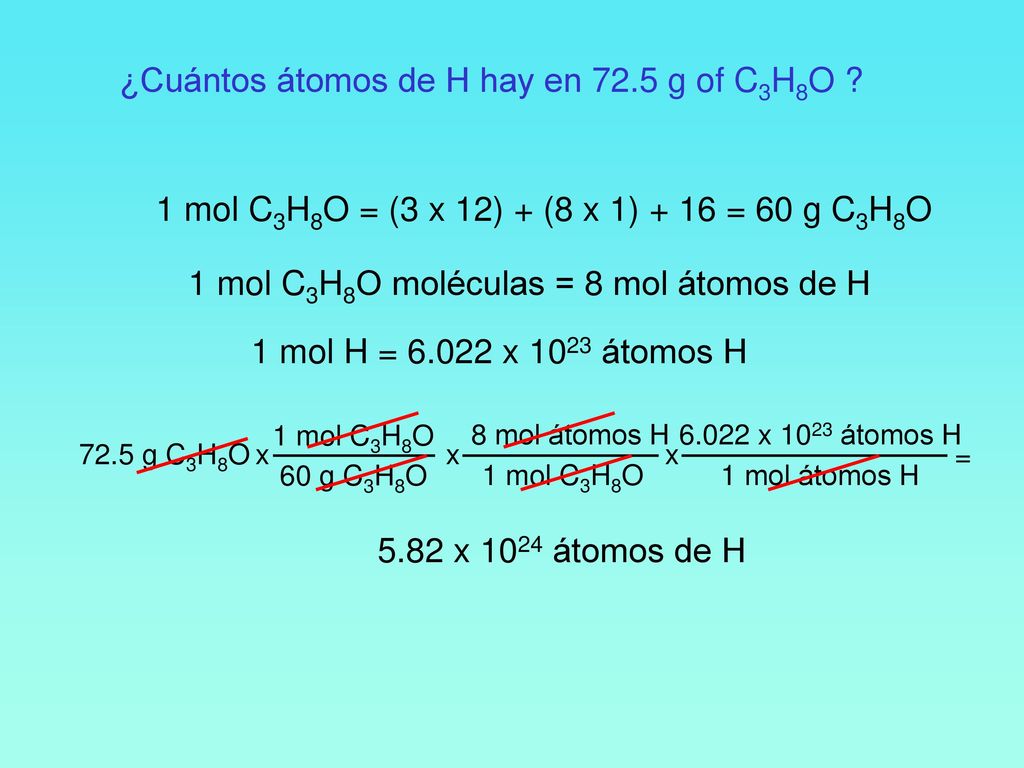 1 mol C3H8O moléculas = 8 mol átomos de H