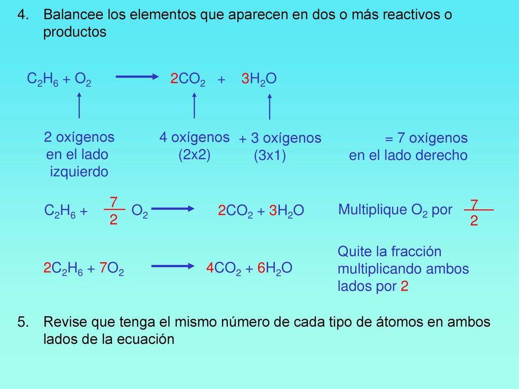 Balancee los elementos que aparecen en dos o más reactivos o productos