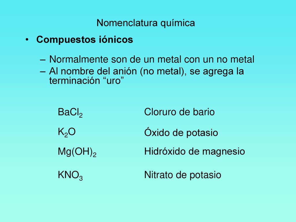 Nomenclatura química Compuestos iónicos. Normalmente son de un metal con un no metal.